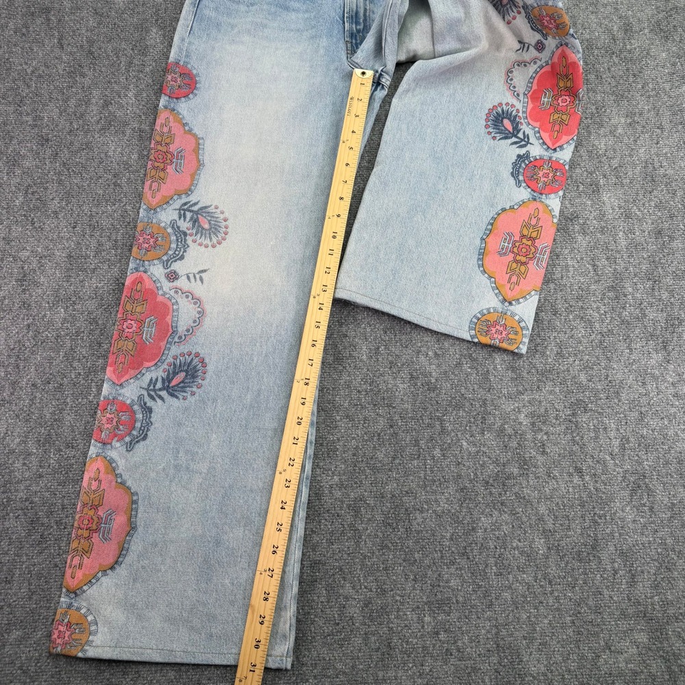 MOTHER Light Blue Denim Wide-Leg Jeans with Pink & Red Floral Panels - Picture 8 of 16